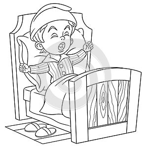 Coloring page with boy sleeping in bed