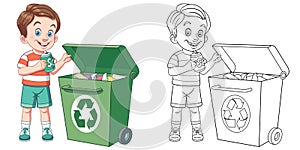 Coloring page with boy sorting garbage