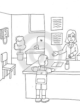 coloring page a boy talks to his female teacher in class