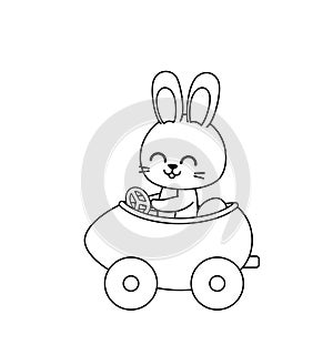 Coloring page with bunny driving egg car. Black and white easter hare and car. Vector