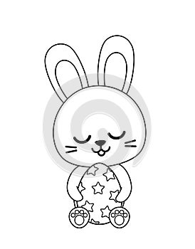 Coloring page with bunny and Easter egg. Black and white big egg and hare. Vector