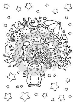 Coloring page with bunny holding bouquet