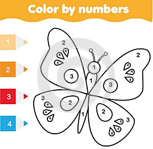 Coloring page with butterfly. Color by numbers educational children game, drawing kids activity
