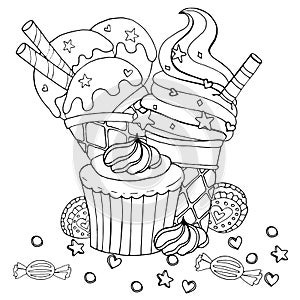 Coloring page with cake, cupcake, candy, ice cream and other dessert