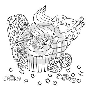 Coloring page with cake, cupcake, candy, ice cream and other dessert