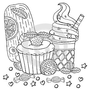 Coloring page with cake, cupcake, candy, ice cream and other dessert