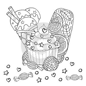 Coloring page with cake, cupcake, candy, ice cream and other dessert