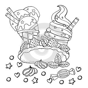 Coloring page with cake, cupcake, candy, ice cream and other dessert