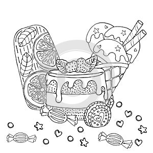 Coloring page with cake, cupcake, candy, ice cream and other dessert