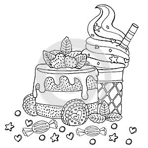 Coloring page with cake, cupcake, candy, ice cream and other dessert