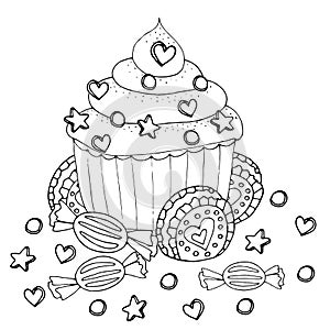 Coloring page with cake, cupcake, candy and other dessert