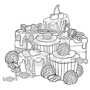 Coloring page with cake, cupcake, candy and other dessert with berry