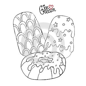 Coloring page with cake, cupcake, ice cream, candy and other dessert