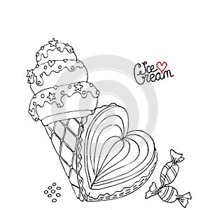 Coloring page with cake, cupcake, ice cream, candy and other dessert