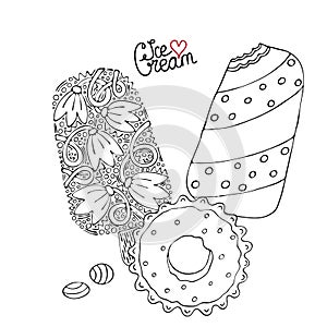 Coloring page with cake, cupcake, ice cream, candy and other dessert