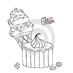 Coloring page with cake, cupcake, ice cream, candy and other dessert