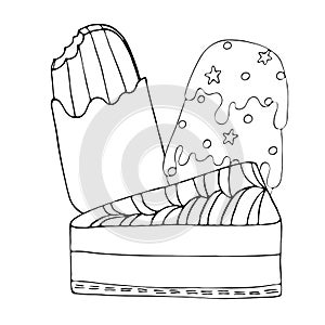 Coloring page with cake, ice cream, cupcake, candy and other dessert