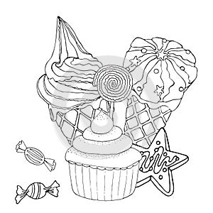 Coloring page with cake, ice cream, cupcake, candy and other dessert