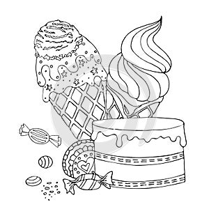 Coloring page with cake, ice cream, cupcake, candy and other dessert