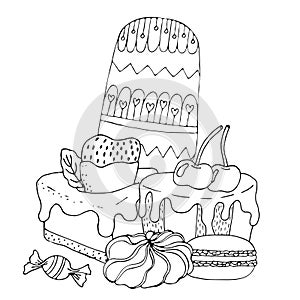 Coloring page with cake, ice cream, cupcake, candy and other dessert