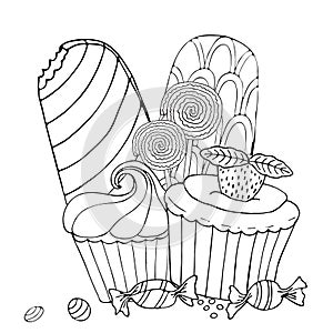 Coloring page with cake, ice cream, cupcake, candy and other dessert