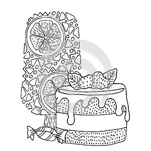 Coloring page with cake, ice cream, cupcake, candy and other dessert