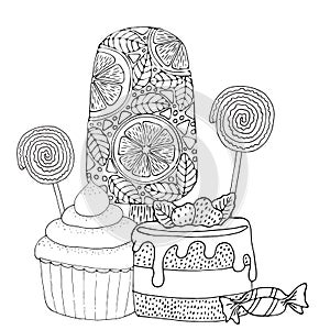 Coloring page with cake, ice cream, cupcake, candy and other dessert