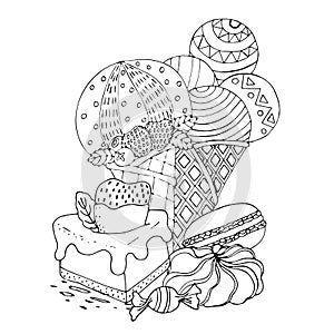 Coloring page with cake, ice cream, cupcake, candy and other dessert
