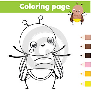 Coloring page with cartoon firefly. Drawing kids activity. Printable fun for toddlers and children