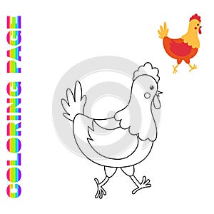 Coloring page with cartoon hen. Farm animal