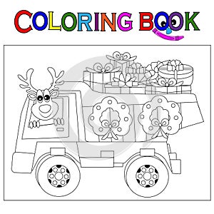 Coloring Page. Cartoon reindeer and dump truck. Black and White vector for coloring books.