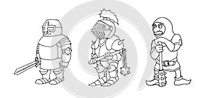 Coloring page of cartoon three medieval knights prepering for Knight Tournament