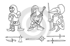 Coloring page of cartoon three medieval knights prepering for Knight Tournament