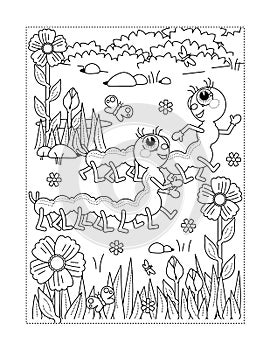 Coloring page with caterpillars, flowers, grass