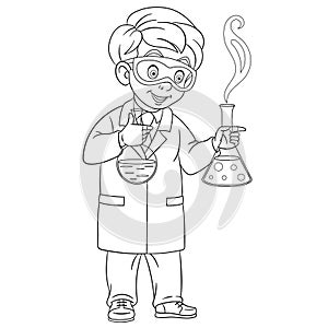 Coloring page with chemist making chemical experiment