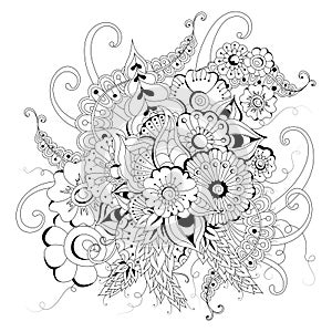 Coloring page for children and adults with flowers and butterflies.