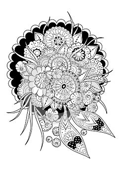 Coloring page for children and adults with flowers and butterflies. Vector illustration. Black-white background.
