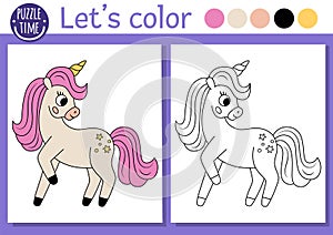 Coloring page for children with cute unicorn princess. Vector fairytale outline illustration. Fantasy color book for kids with
