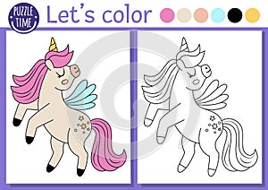 Coloring page for children with cute unicorn with wings. Vector fairytale outline illustration. Fantasy color book for kids with