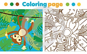 Coloring page for children. Monkey in jungle. Drawing kids activity. Printable toddlers fun