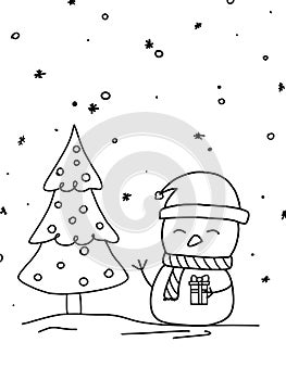 Coloring page, Christmas card for coloring, a snowman in a cap and a Christmas tree