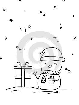 Coloring page, Christmas card for coloring, a snowman in a cap and a gift