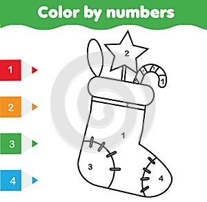Coloring page with Christmas sock. Color by numbers educational children game, drawing kids activity. New Year holidays theme photo