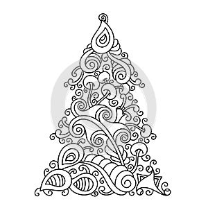 Coloring page with Christmas tree. Hand-drawn Doodl abstract pattern. Coloring book for adults and children. Merry Christmas,