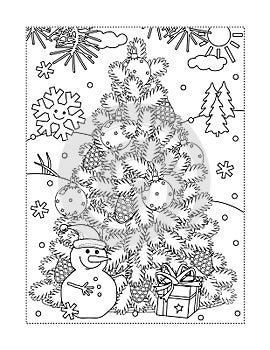 Coloring page with christmas tree, snowman, gift