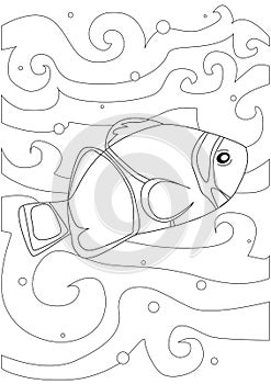 Coloring page with clown fish or amphiproton on a white background, outline vector stock illustration with the seabed as anti-