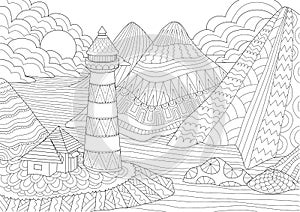 Coloring Page. Coloring Book for adults. Colouring pictures of light house among mountains,sun and rocks. Antistress freehand sket