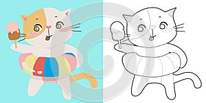 Colouring page with summer theme. A cute and kawaii cat eating ice cream during the summer and using a colourful floaties