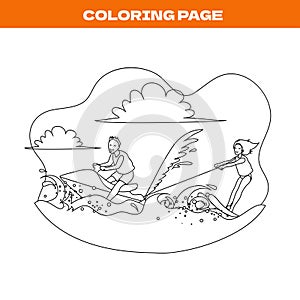 Coloring page of couple jet skiing together for fun, in sea or ocean with summer wave. 