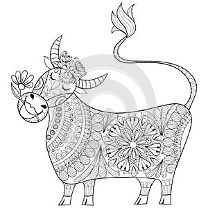 Coloring page with Cow, zenart stylized hand drawing Milker illustration, tribal totem, mascot, doodle animal for art therapy boo
